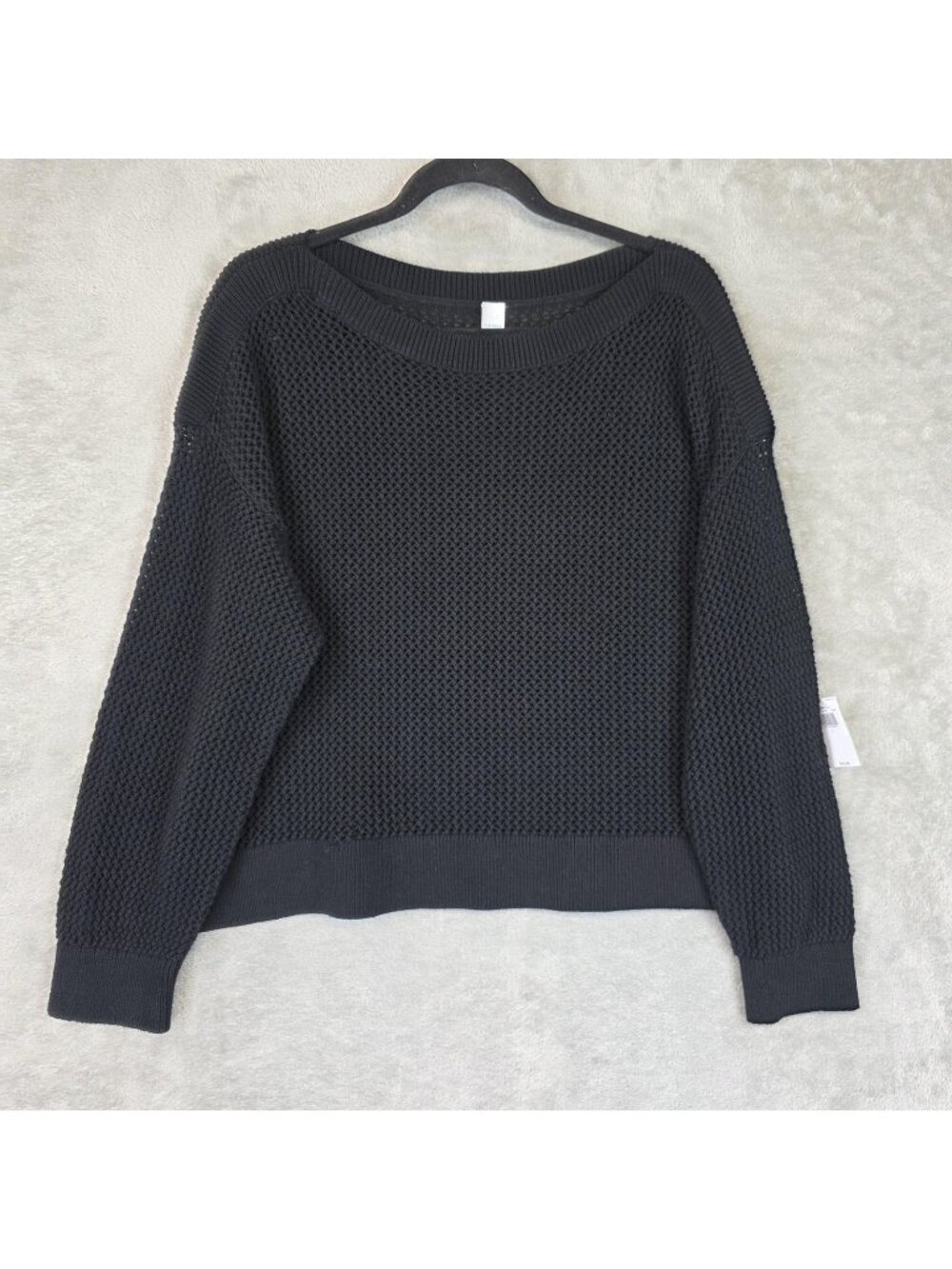 Old Navy Sweater Womens Large Black Waffle Knit Boat Neck Relaxed 100% Cotton